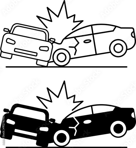 Car Accident Icons. Black and White Vector Icons. Vehicle Collision. Road Traffic Regulations. Road Concept