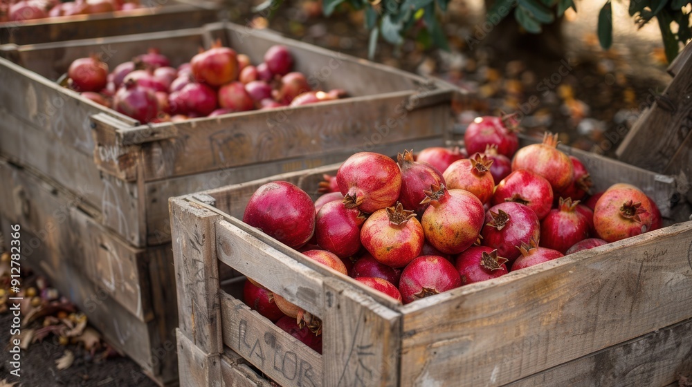 Fresh pomegranate fruit in wooden crates in plantation farm field Fresh pomegranate fruit in wooden crates in plantation farm field