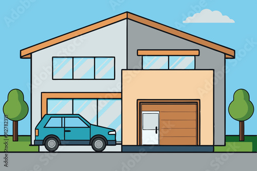 Simple modern home with car vector