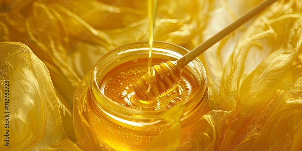 Honey dripping into a glass jar with a wooden dipper on a golden fabric background. Honey dripping into a glass jar with a wooden dipper on a golden fabric background.