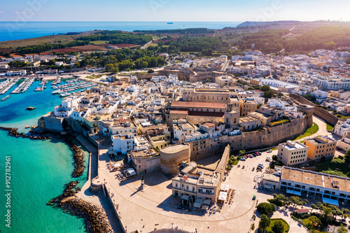 Aerial view of Otranto town on the Salento Peninsula in the south of Italy, Easternmost city in Italy (Apulia) on the coast of the Adriatic Sea. View of Otranto town, Puglia region, Italy.