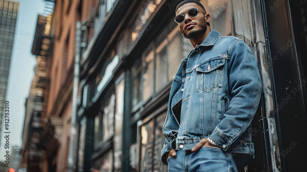 Fototapeta premium Stylish outfit made from recycled denim in an urban setting 