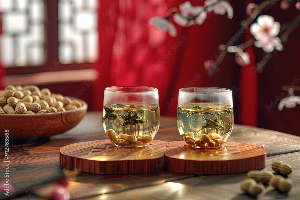 Two glasses of herbal tea with peanuts on wooden coasters. Two glasses of herbal tea with peanuts on wooden coasters.