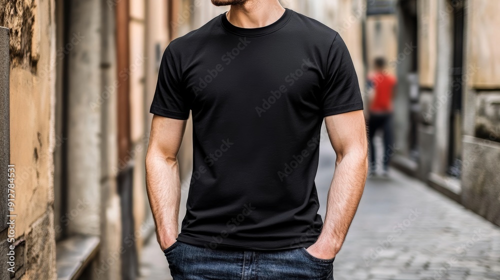 Blank, realistic black T-Shirt mock up presented on a young man. Copyspace for marketing presentation. Blank, realistic black T-Shirt mock up presented on a young man. Copyspace for marketing presentation.