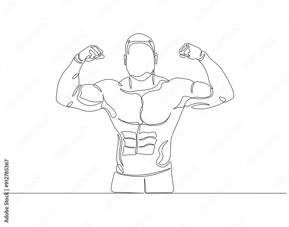 Continuous one line drawing of bodybuilder posed. One line drawing illustration of man bodybuilder posed. Fitness center gym concept line art. Editable outline Continuous one line drawing of bodybuilder posed. One line drawing illustration of man bodybuilder posed. Fitness center gym concept line art. Editable outline