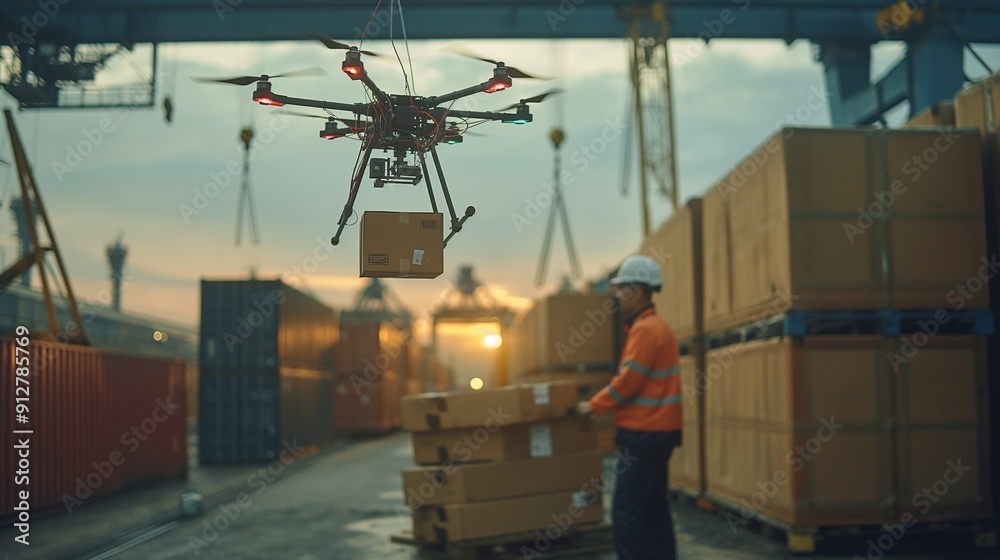 Drone delivering spare parts, autonomous, industrial, landscape