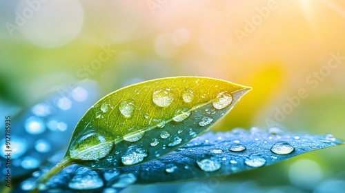 Fresh water droplets on plant leaves in a detailed view emphasizing their natural beauty and growth Stock Photo with copy space