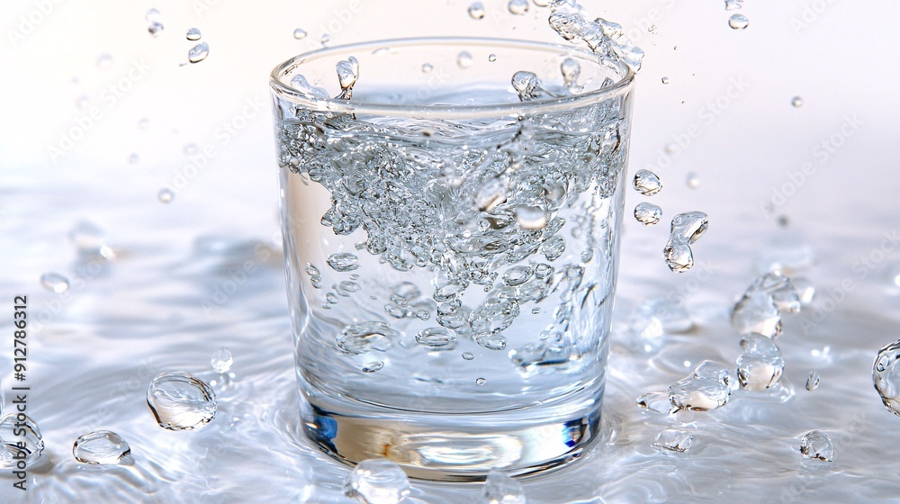 Water cascading into a crystal-clear glass creating dynamic splashes and droplets on a pristine white background Stock Photo with copy space Water cascading into a crystal-clear glass creating dynamic splashes and droplets on a pristine white background Stock Photo with copy space