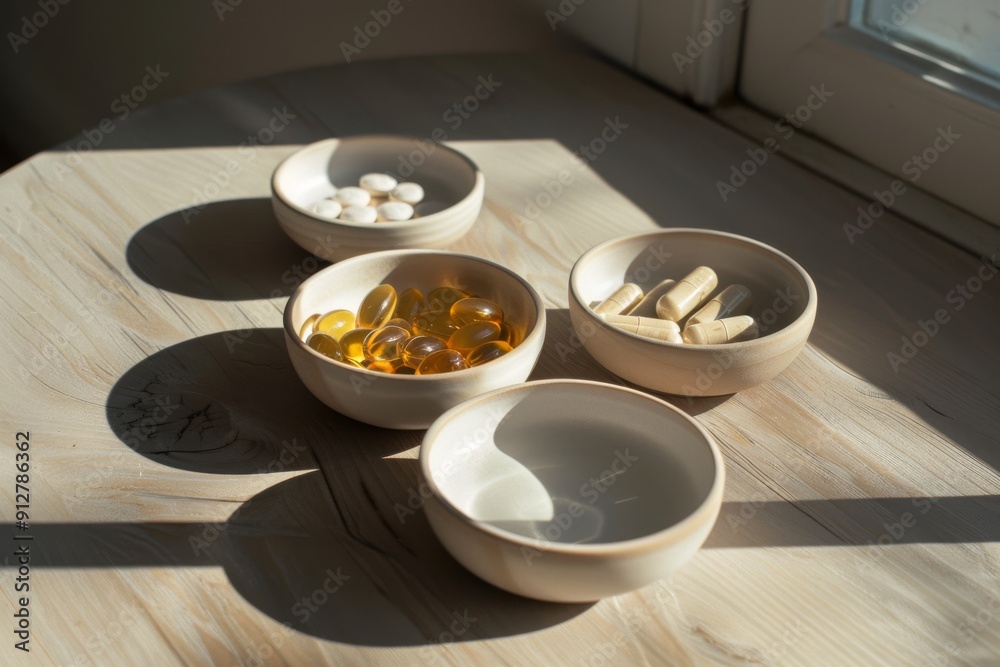 Four wooden bowls filled with various supplements, casting soft shadows in the natural sunlight across a wooden table. Four wooden bowls filled with various supplements, casting soft shadows in the natural sunlight across a wooden table.