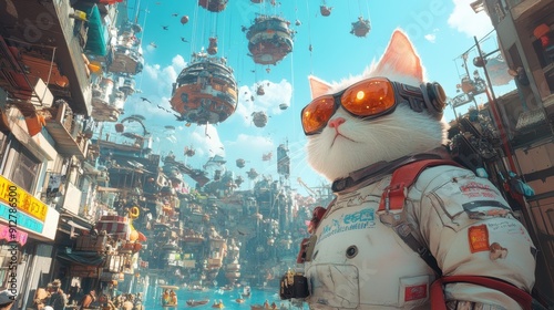 Cyberpunk Cat in a Futuristic City, a feline in a robotic suit with glasses amidst a lively urban landscape, featuring unique architecture and playful cat inhabitants.