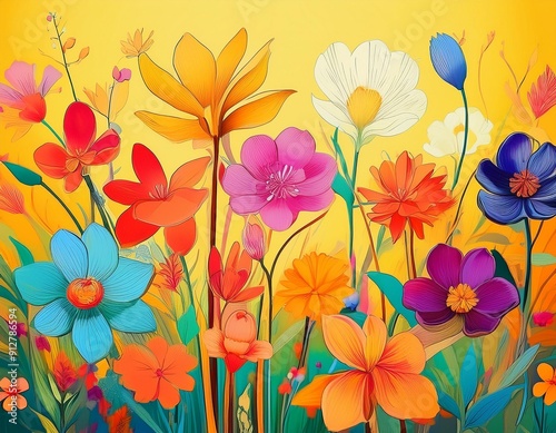 A colorful abstract painting featuring an array of bright flowers on green stems against a yellow background