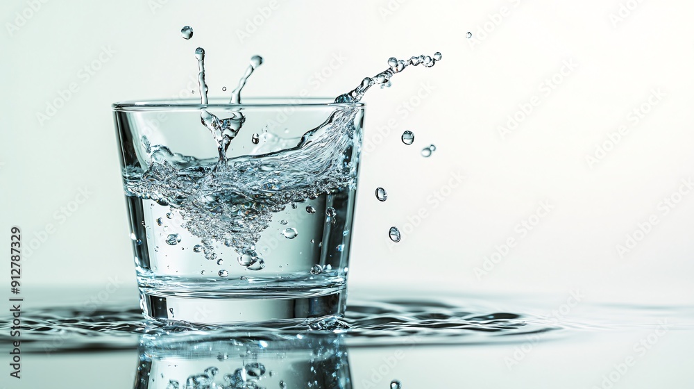 Crystal-clear water cascading into a glass with intricate droplets and splashes vividly visible against a white background Stock Photo with copy space Crystal-clear water cascading into a glass with intricate droplets and splashes vividly visible against a white background Stock Photo with copy space