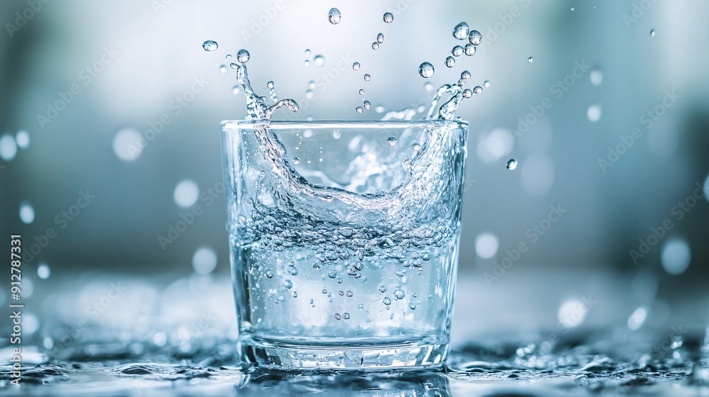 Water splashing into a clear glass with suspended droplets in mid-air set against a pristine white background Stock Photo with copy space