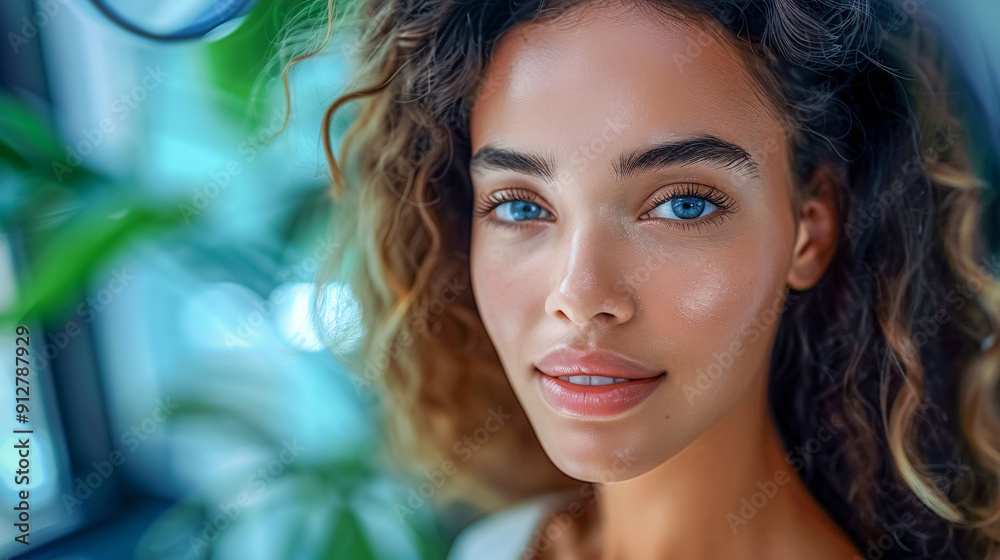 Beautiful young woman with blue eyes and curly hair, basking in the sunshine outdoors Beautiful young woman with blue eyes and curly hair, basking in the sunshine outdoors
