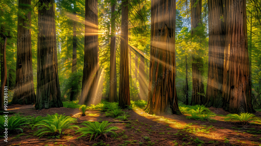 Sunlight streaming through redwood forest canopy Sunlight streaming through redwood forest canopy