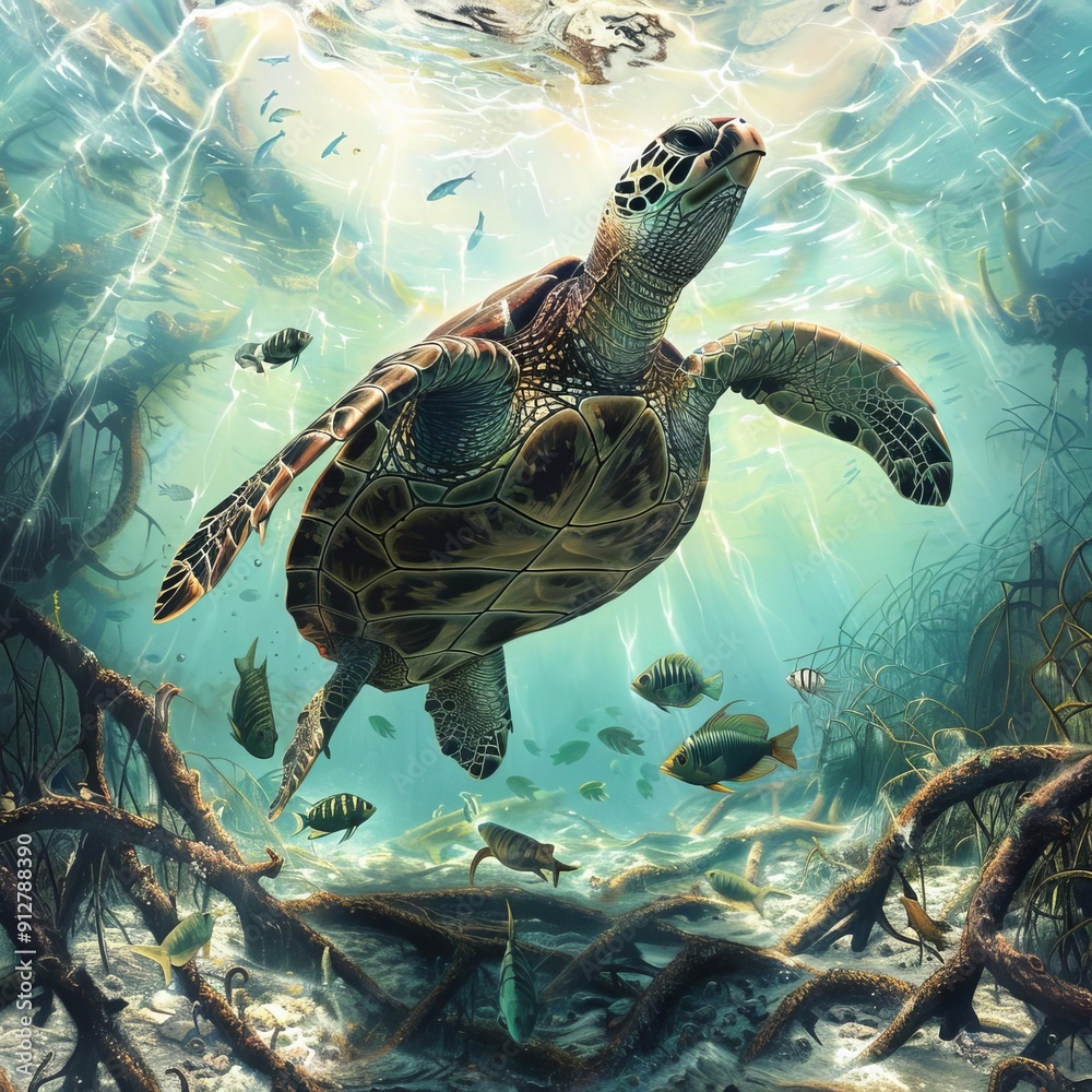 Obraz premium Graceful sea turtle glides through vibrant coral reef, a mesmerizing underwater ballet