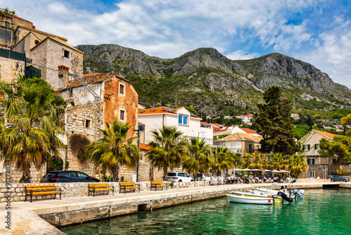 Idyllic village of Mlini in Dubrovnik archipelago view, south Dalmatia region of Croatia. Adriatic village of Mlini waterfront aerial view, Dubrovnik coastline of Croatia. photo