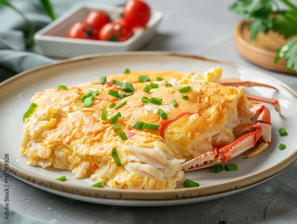 Creamy omelette with crab meat on rice on the white plate. The dish is the most popular dish on the menu in Thailand.
Creamy omelette with crab meat on rice on the white plate. The dish is the most popular dish on the menu in Thailand.