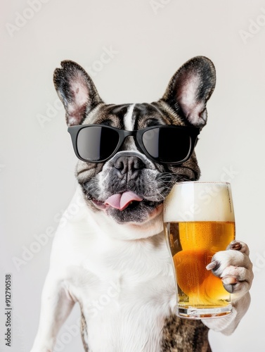 French bulldog in black sunglasses holding a beer, joyful