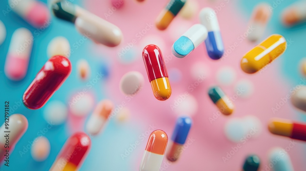 Close-up of colorful pills floating in mid-air Close-up of colorful pills floating in mid-air