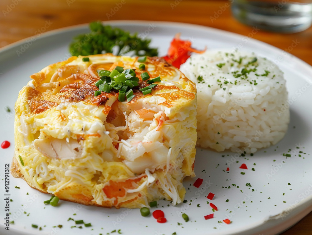 Creamy omelette with crab meat on rice on the white plate. The dish is the most popular dish on the menu in Thailand.
Creamy omelette with crab meat on rice on the white plate. The dish is the most popular dish on the menu in Thailand.