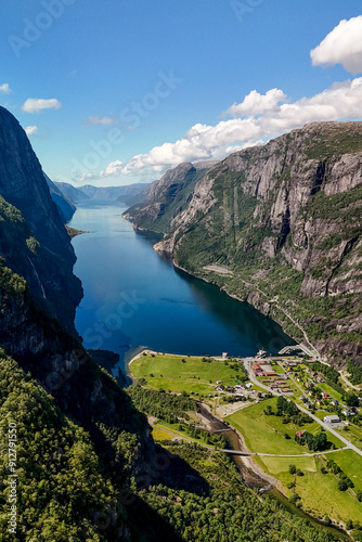 Fjord Landscape in Norway Surrounded by Majestic Mountains on a Sunny Day, Lysefjord Lysebotn Norway