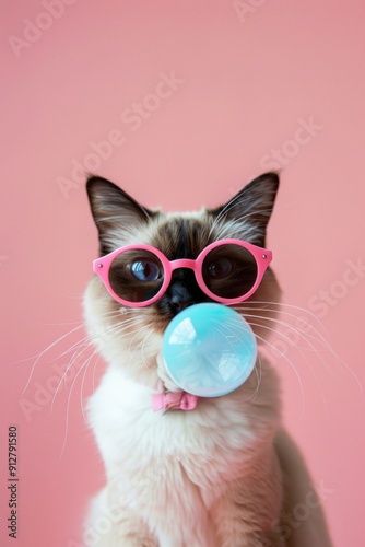 Cat with pink glasses and blowing a bubble on pink background.