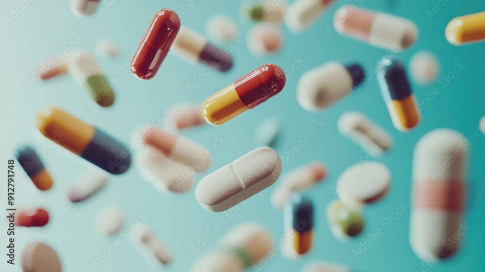 Close-up of colorful pills floating in mid-air Close-up of colorful pills floating in mid-air