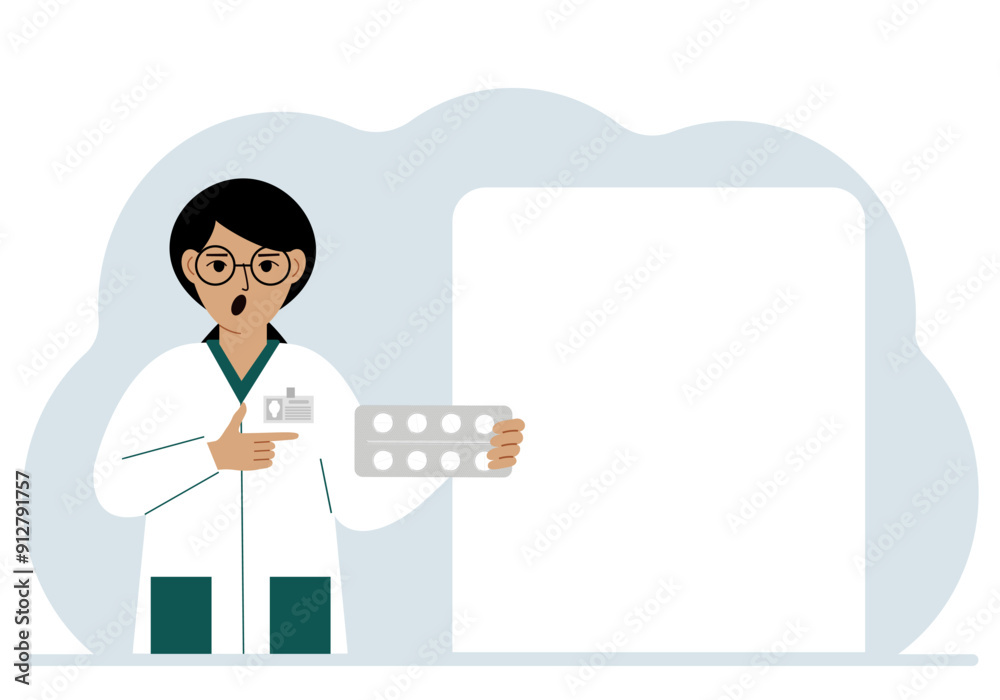 A female doctor holds pills in his hand. Large white sheet for text. Vector flat illustration A female doctor holds pills in his hand. Large white sheet for text. Vector flat illustration