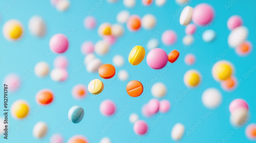 Close-up of colorful pills floating in mid-air Close-up of colorful pills floating in mid-air
