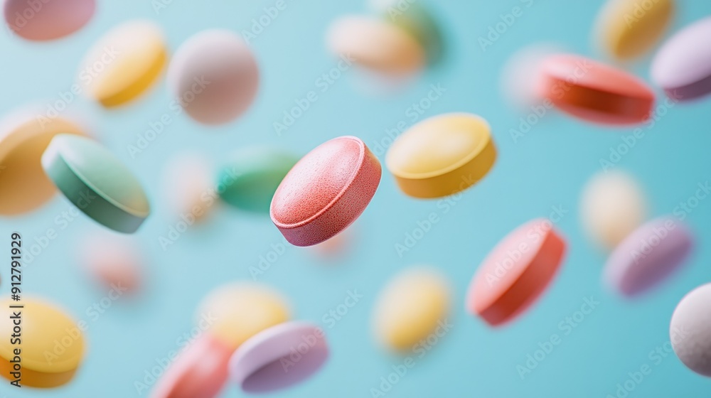 Close-up of colorful pills floating in mid-air Close-up of colorful pills floating in mid-air