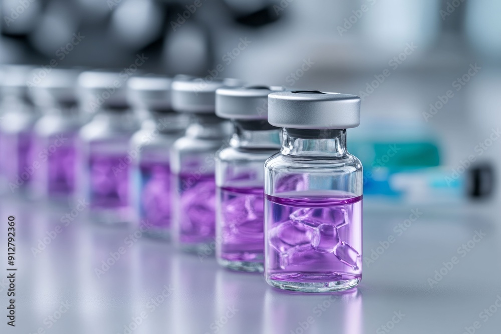 A row of glass vials containing purple liquid, symbolizing medical research and vaccination. A row of glass vials containing purple liquid, symbolizing medical research and vaccination.