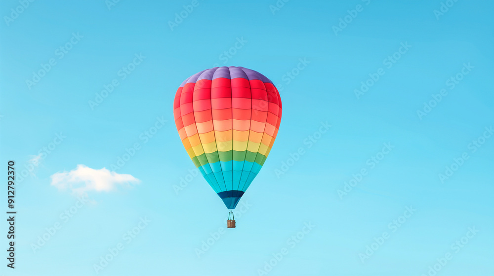 Bright Multicolored Hot Air Balloon in Clear Blue Sky with Minimal Clouds - Adventure, Travel, and Summer Concept Bright Multicolored Hot Air Balloon in Clear Blue Sky with Minimal Clouds - Adventure, Travel, and Summer Concept