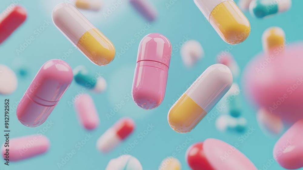 Close-up of colorful pills floating in mid-air Close-up of colorful pills floating in mid-air