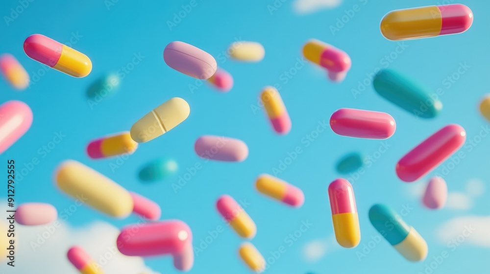 Close-up of colorful pills floating in mid-air Close-up of colorful pills floating in mid-air