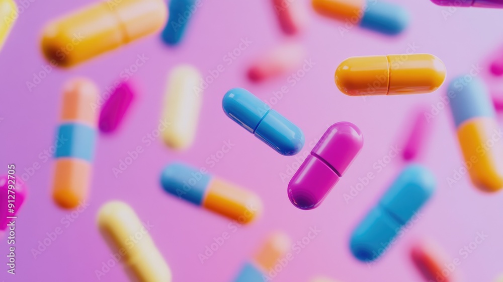 Close-up of colorful pills floating in mid-air Close-up of colorful pills floating in mid-air
