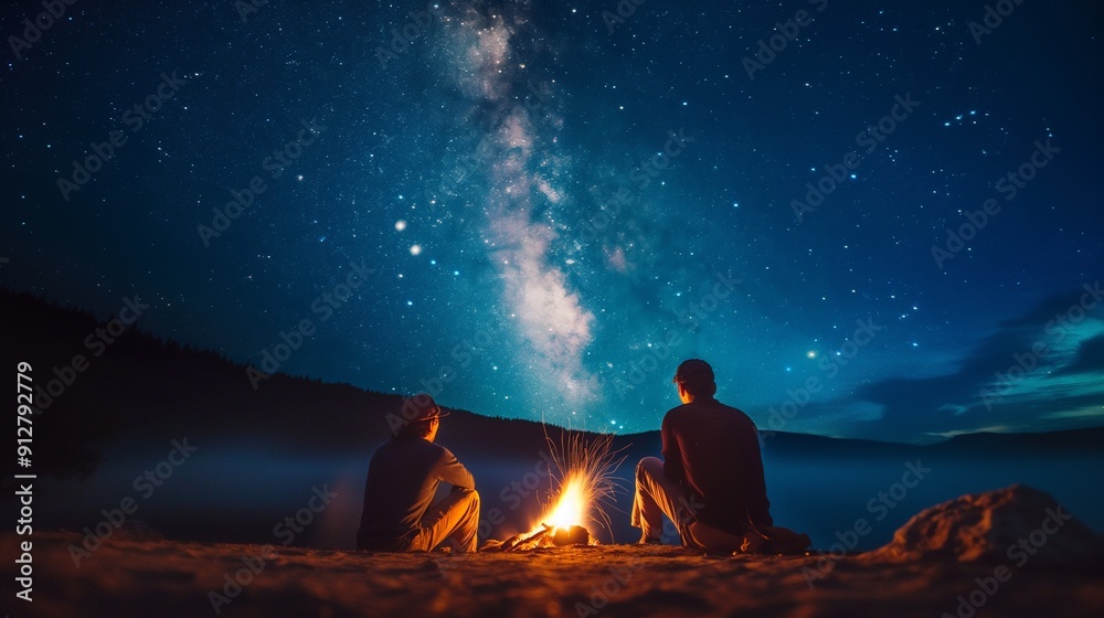 couple of experienced hikers sharing stories around a campfire under the stars couple of experienced hikers sharing stories around a campfire under the stars
