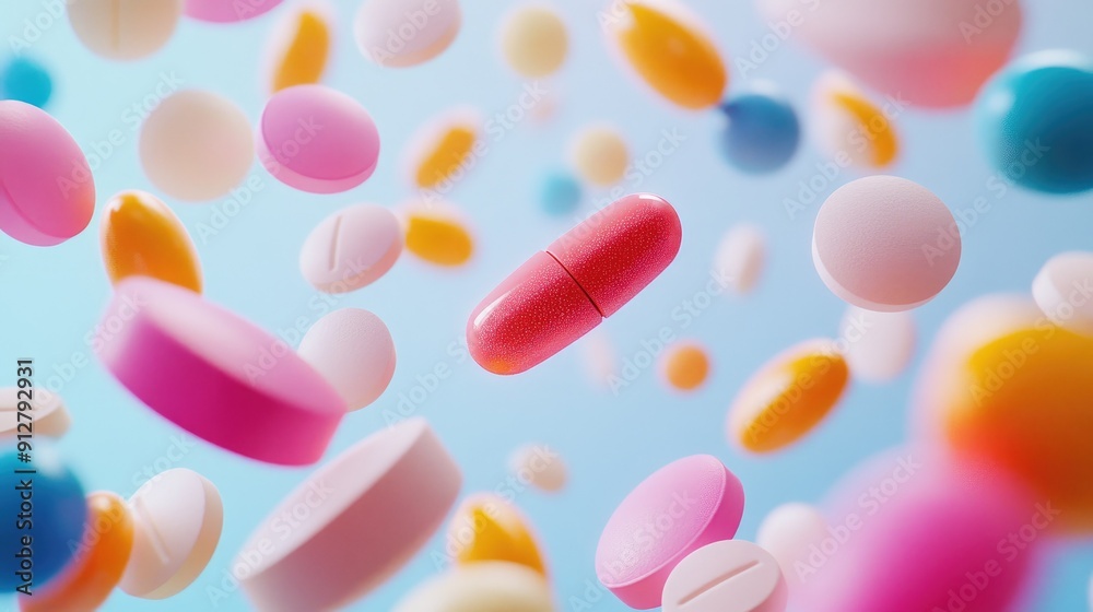 Close-up of colorful pills floating in mid-air Close-up of colorful pills floating in mid-air