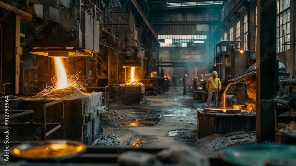 glass factory with furnaces melting sand and other raw materials into molten glass, glass factory with furnaces melting sand and other raw materials into molten glass,