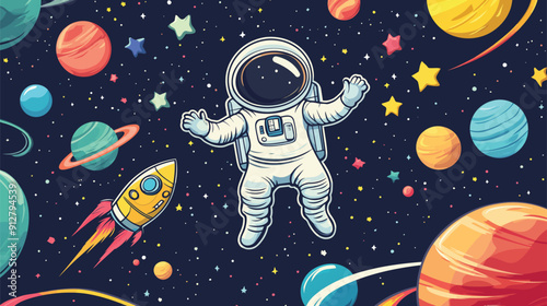 Cartoon Flat Vector Illustration, Astronaut Floating in Space