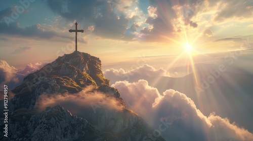 A simple wooden cross perched atop a mountain, symbolizing christianity faith