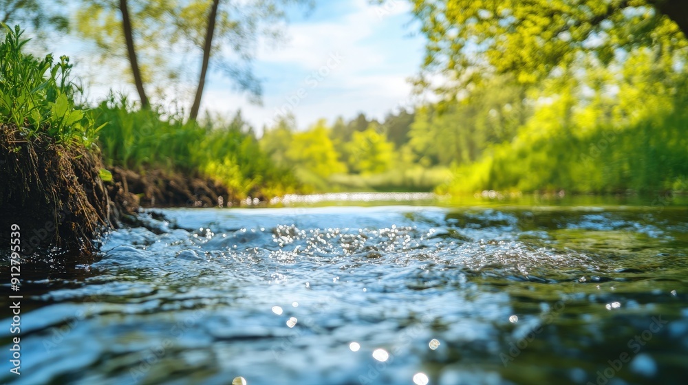 Closeup of a small stream flowing through a forest with lush greenery. Closeup of a small stream flowing through a forest with lush greenery.
