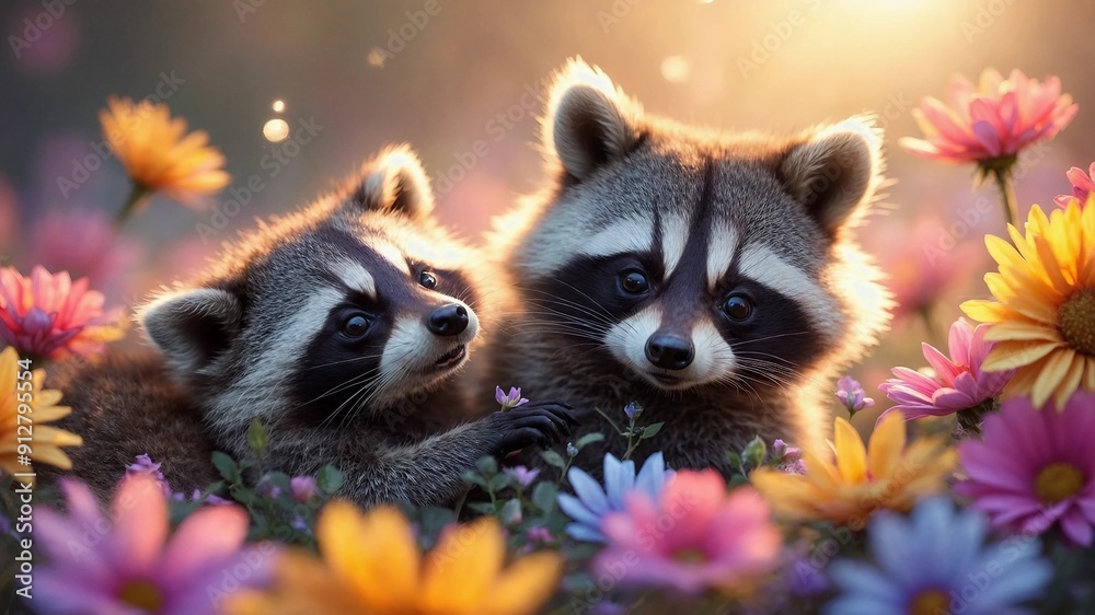 Obraz premium Adorable Baby Raccoons Among Colorful Flowers