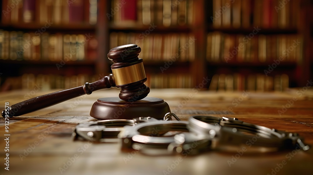 Handcuffs and a judge’s gavel on a wooden table, symbolizing law enforcement and justice Handcuffs and a judge’s gavel on a wooden table, symbolizing law enforcement and justice