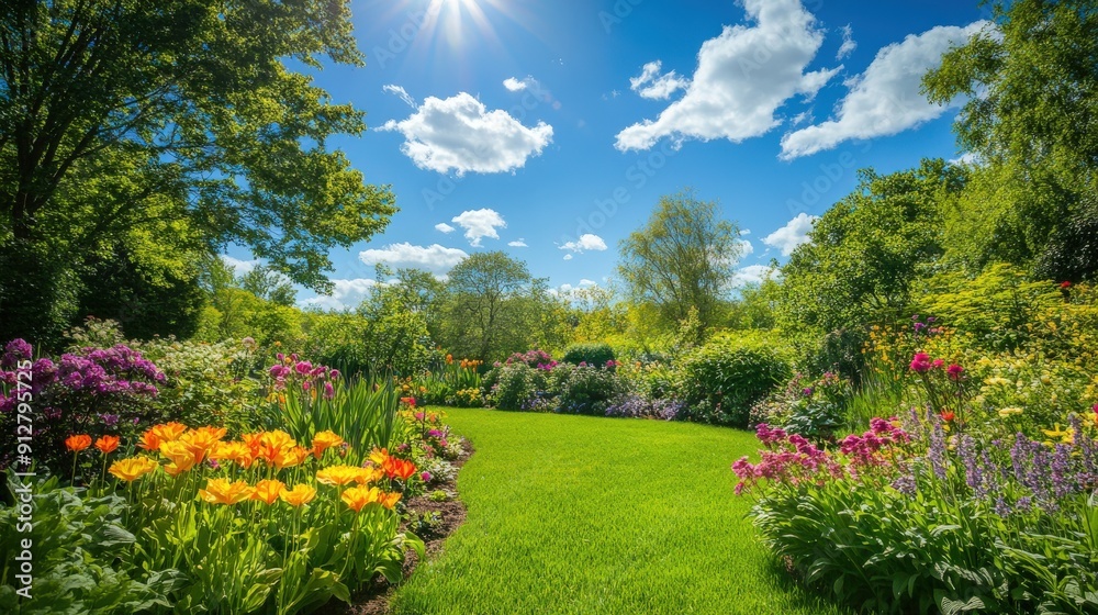 Obraz premium Lush green lawn surrounded by vibrant blooming flower beds and trees under a bright blue sunny sky in a beautiful park.