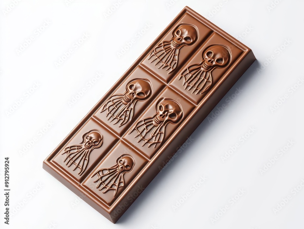 Fototapeta premium Designer chocolate bar with embossed skeleton and spider web motifs, Halloween, High-end treat