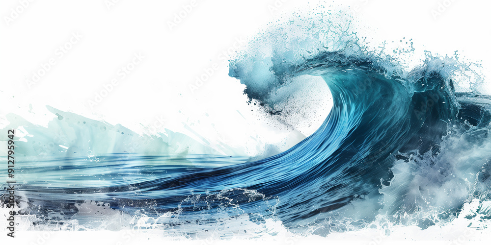 © GraysonStock - Close up detail of powerful teal blue wave breaking in open ocean on a white background
