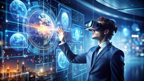 business person wear VR glasses and looking a digital worlds