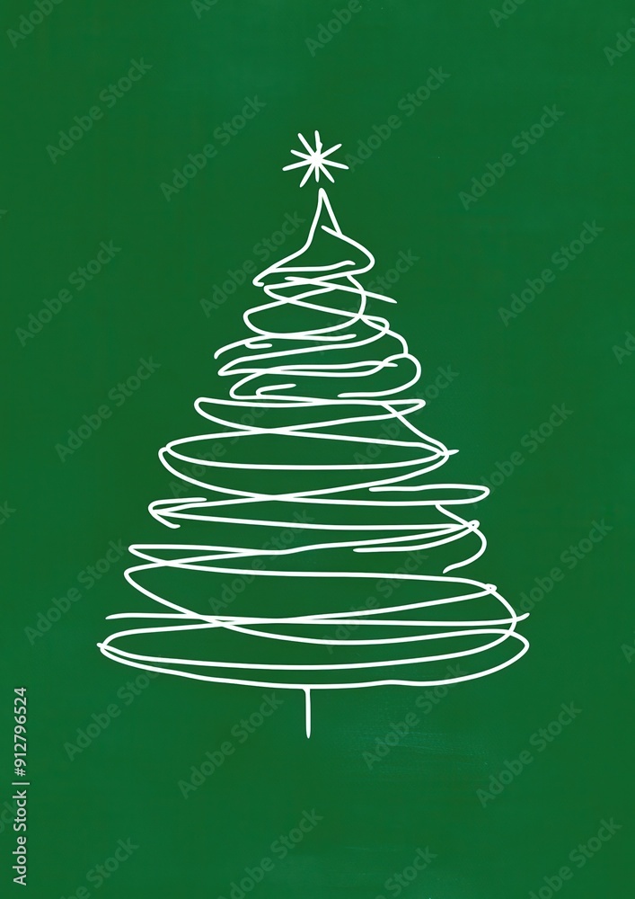 Simple White Outline Drawing of a Christmas Tree on Green Background Simple White Outline Drawing of a Christmas Tree on Green Background