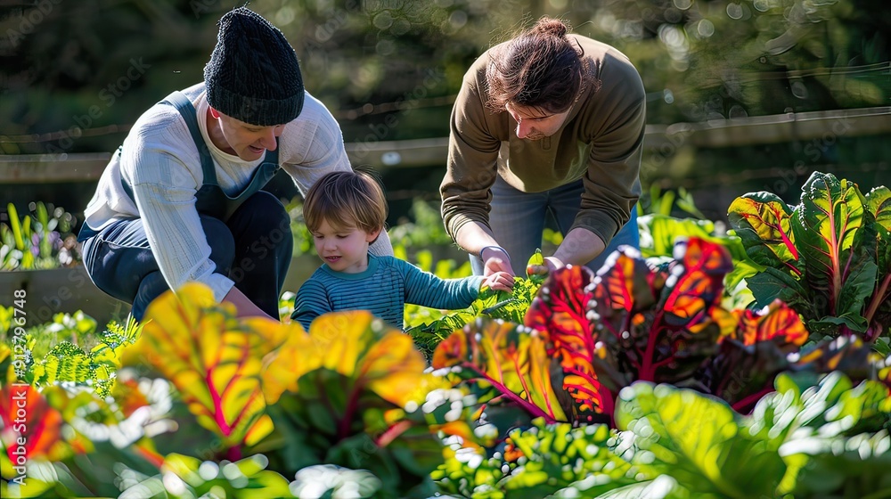 Family Harvesting Swiss Chard: A family of three, including a child, harvesting colorful Swiss chard from a vegetable patch on an organic farm. Minimalist stock photo Family Harvesting Swiss Chard: A family of three, including a child, harvesting colorful Swiss chard from a vegetable patch on an organic farm. Minimalist stock photo
